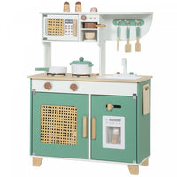 Qaba Wooden Play Kitchen Set, Kids Kitchen Playset with Microwave, Stove, Coffee Machine, Ice Maker, Storage, 19PCs Accessories, for 3-6 Y, Green