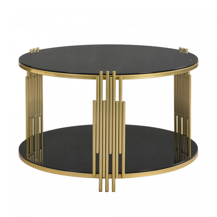 Nancy 31.5\" Round Mirror Coffee Table With Lower Shelf, Black