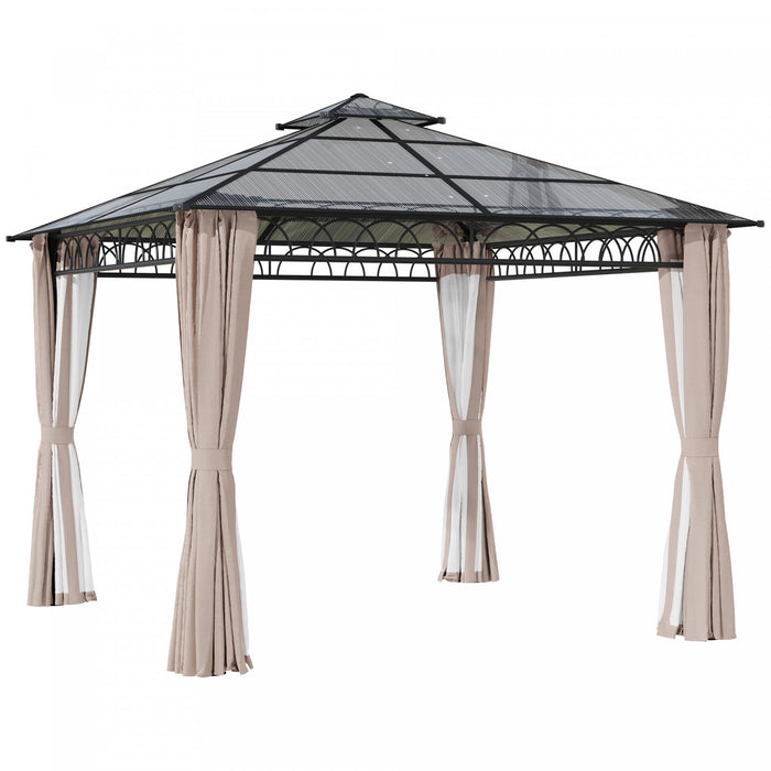 Outsunny 9' X 10' Double roof Hardtop Gazebo With Nettings curtains Khaki