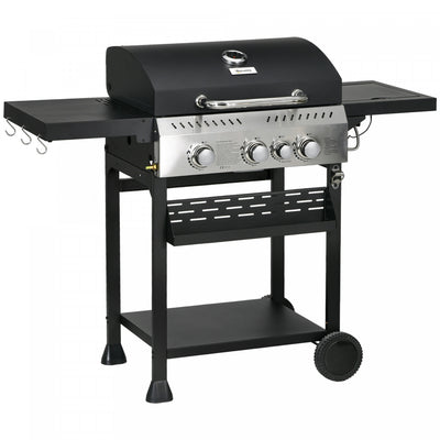 Outsunny Propane Gas Grill with 3 Main Burners, 1 Side Burner, 38,000 BTU Outdoor BBQ Grill Cart, Shelves, Warming Rack, Thermometer, Bottle Opener, Wheels, Black