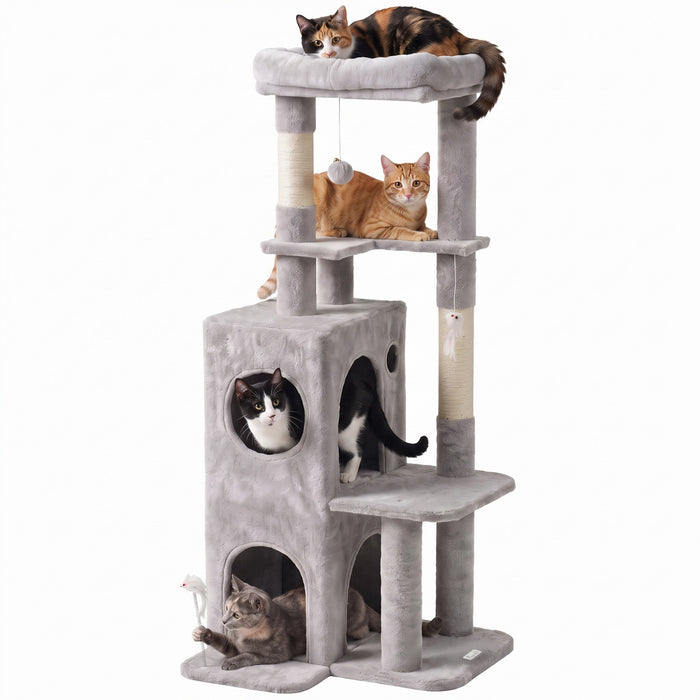 PawHut 52\" Cat Tree, Multi-Level Large Cat Tower House with 2-Tier Condo, Bed, Sisal Scratching Posts and Teaser Toys for Indoor Kittens Activity Center, Light Grey