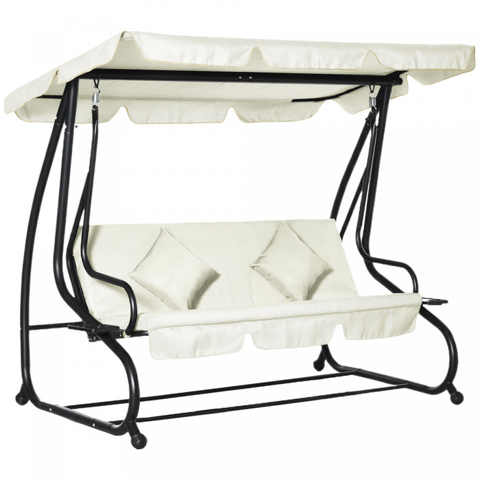 Outsunny 3-seat Outdoor Patio Swing Chair, Converting Flat Bed, Canopy Swing With Adjustable Shade, Removable Cushions, Cup Holder, Cream White
