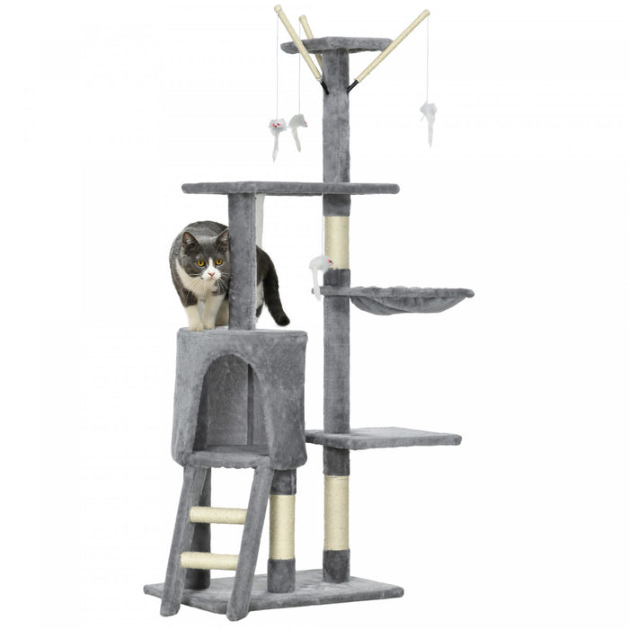 Pawhut 53\" Cat Tree, Large Cat Tower With Scratching Posts, Condo, Perches, Ladder, Hammock, Dangling Toys, Multi-level Kitten Activity Centre, Grey