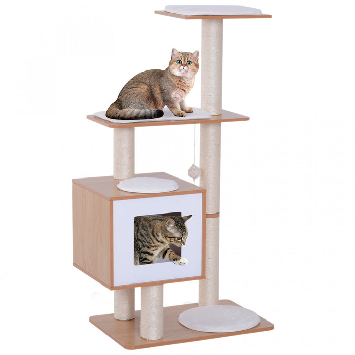 Pawhut 47\" Wood Cat Tree, Cat Condo Tower With Scratching Post, Toy Ball, Natural Wood