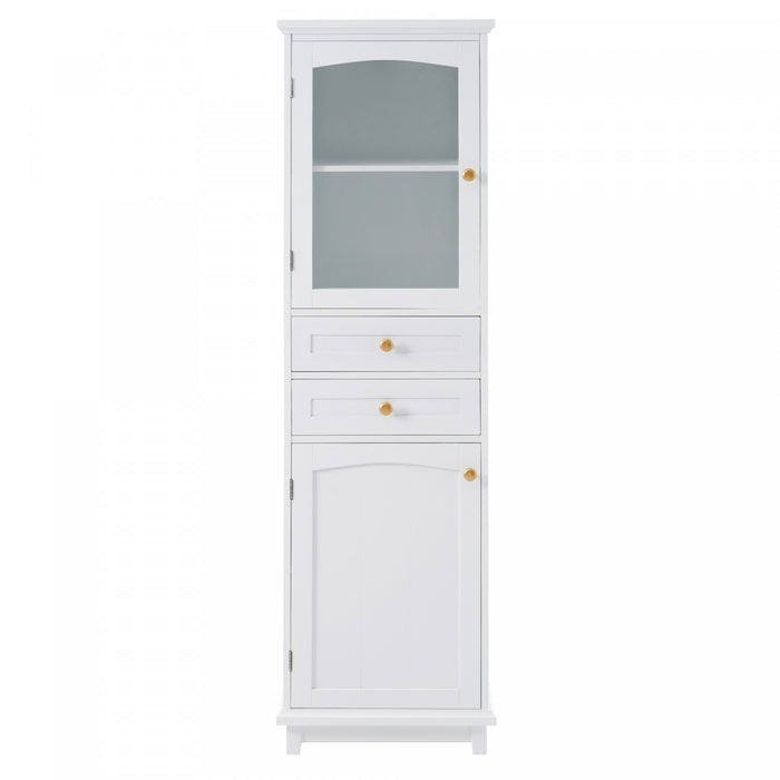 Jamie 63\" Pine Wood Tall Bathroom Storage Cabinet With Adjustable Shelves And Glass Doors - White
