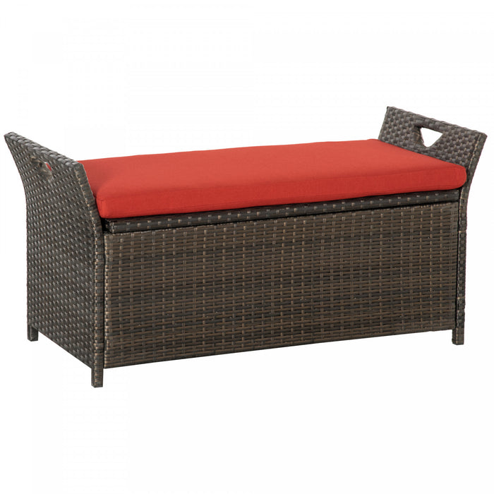 Outsunny 2-in-1 Patio Wicker Storage Bench 27 Gallon Storage Box Red