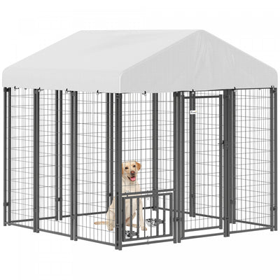 Pawhut 6' X 6' X 6' Dog Run Outdoor, Large Outdoor Dog Kennel Welded Wire Steel Fence With Uv-resistant & Waterproof Cover, Rotating & Adjustable Bowls, Secure Lock, Silver