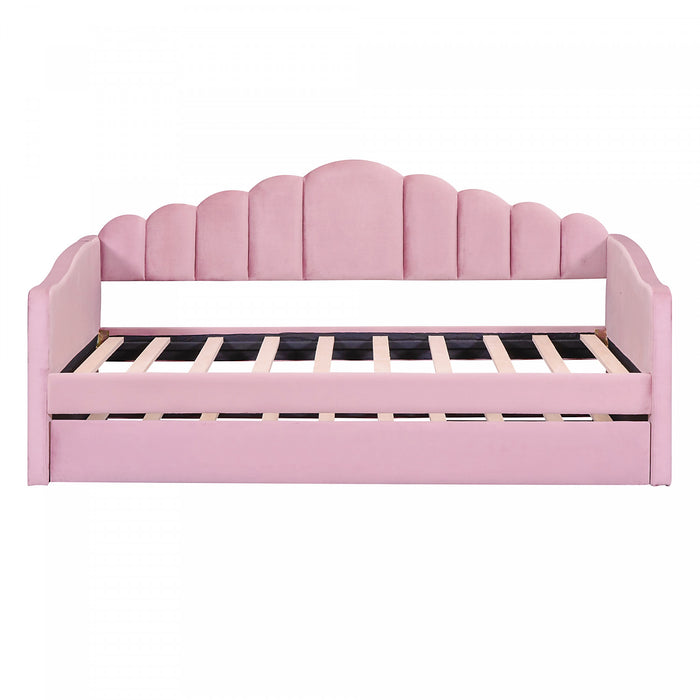 Lily Upholstered Daybed with Trundle and USB Charging Ports,Twin Size,Pink Twin Bed