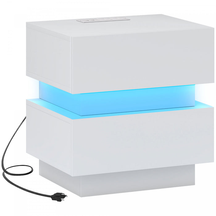 HOMCOM Modern Nightstand with Charging Station and LED Light for Bedroom