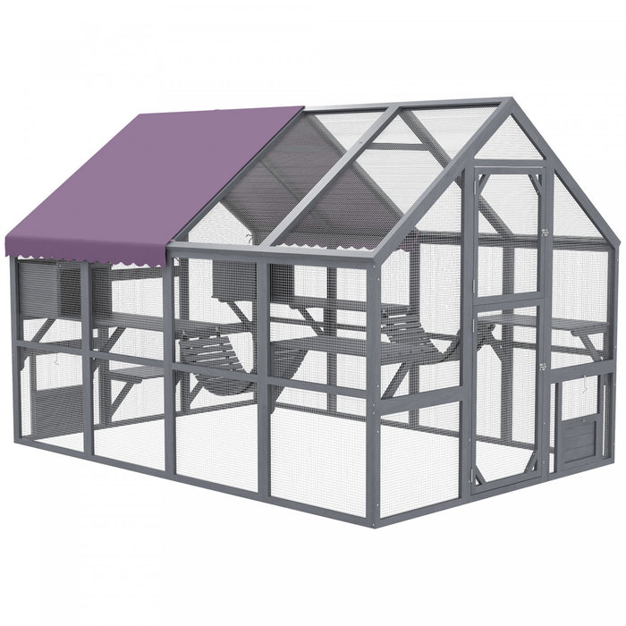 Pawhut Catio Outdoor Cat Enclosure Wooden Feral Cat House With Weatherproof Canopy, Bridges, Resting Boxes, Platforms, For 3-6 Cats, Grey