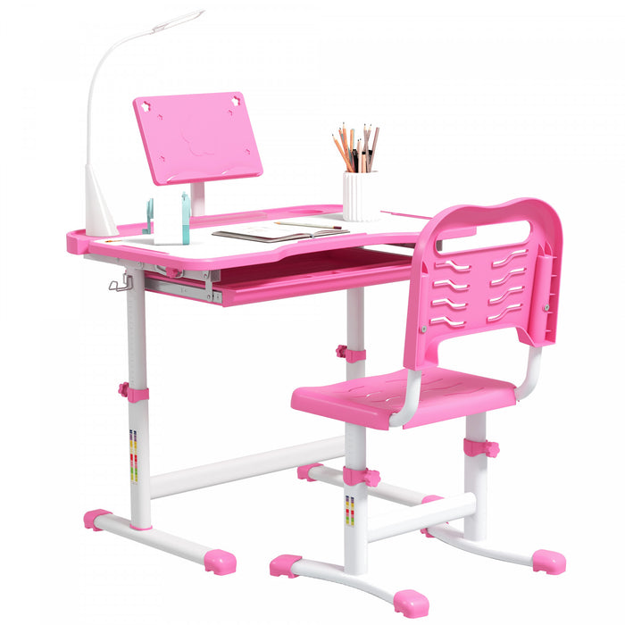 Qaba Kids Desk And Chair Set Height Adjustable Student Writing Desk Children School Study Table With Tilt Desktop, Led Lamp, Pen Box, Drawer, Reading Board, Cupholder, Pink