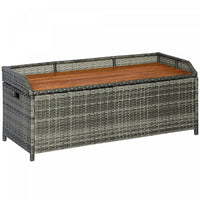 Outsunny Patio Wicker Storage Bench Box with Natural Wood Top Lid Gray