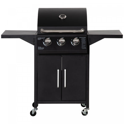 Outsunny 3 Burner Gas Grill, Portable Outdoor Propane Grill with Wheels, Carbon Steel Barbecue Trolley, Side Shelves, Warming Rack, Storage Cabinet, Thermometer, Black