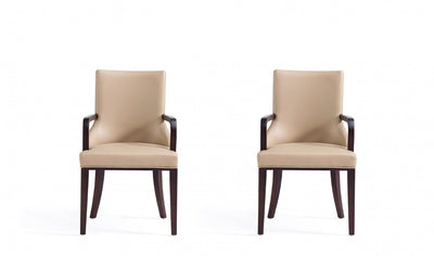Shubert Modern Wood Vegan Leather and Velvet Armchair in Tan - Set of 2 | Fauteuil moderne Shubert en bois, cuir vegetalien et velours, coloris beige - Lot de 2