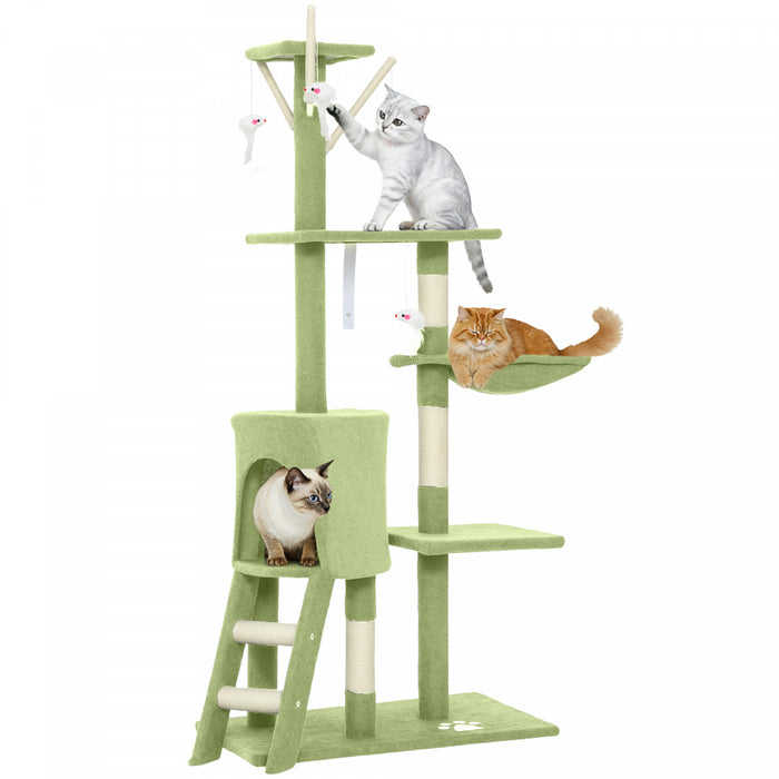 PawHut Cat Tree, 53\" Cat Tower for Indoor Kittens with Sisal Scratching Posts, Plush Perches, Condo, Hammock, Ladder, Dangling Toys, Multi-Level Kitty Activity Centre, Green