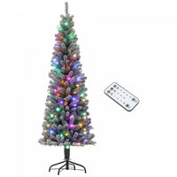 HOMCOM 6ft Pencil Artificial Christmas Tree w/ Remote, Flocked Xmas Tree