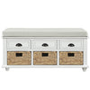 Harvey Solid Wood Storage Bench With Drawers And Rattan Baskets - White | Banc De Rangement Harvey En Bois Massif Avec Tiroirs Et Paniers En Rotin, Blanc