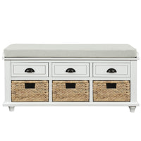Harvey Solid Wood Storage Bench With Drawers And Rattan Baskets - White