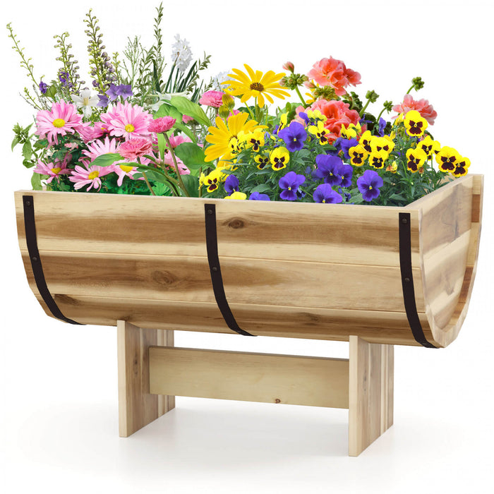 Costway 1 Pcs Outdoor Wooden Planter Solid Acacia Wood Half-barrel Planter Box With Legs