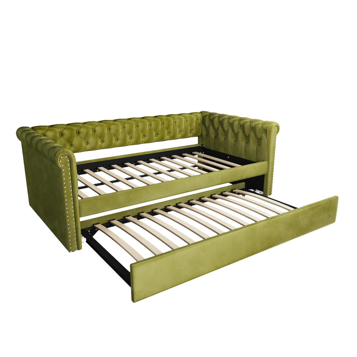 Sophia Tufted Design Upholstered Daybed with Trundle and Comfortable Backrest,Green