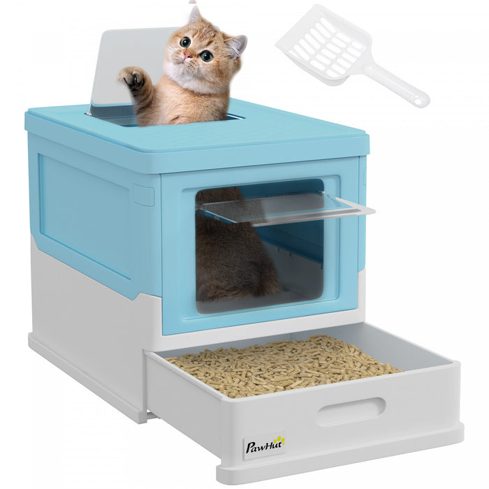 PawHut Cat Litter Box, Enclosed Foldable Kitty Litter Box with Scoop, Tray, Front & Top Entry, Large Space, Portable Design, Blue
