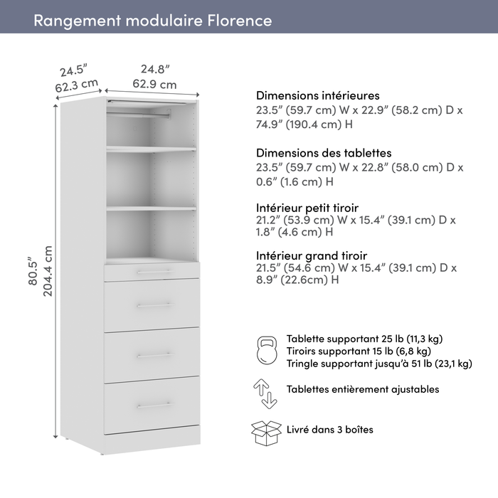 Bestar Florence 25\" Modular Reach-In/Walk-In Closet System Tower with LED Light, Shelves and 4 Drawers Slab Style - White