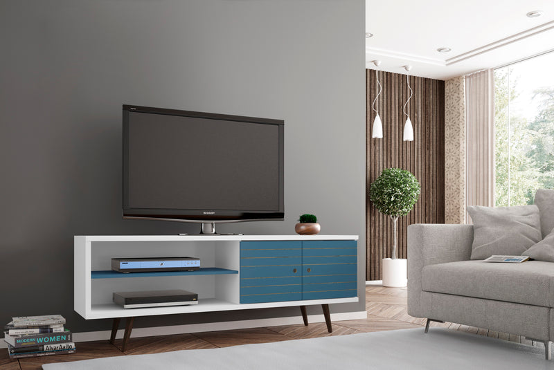 Manhattan Comfort Liberty 62.99\" Mid-Century Modern TV Stand with 3 Shelves & 2 Doors - White & Aqua Blue