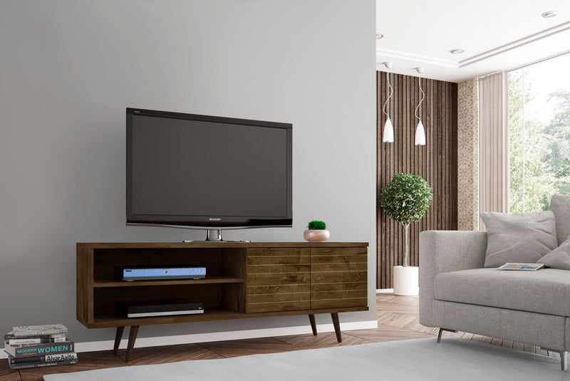 Manhattan Comfort Liberty 62.99\" Mid-Century Modern TV Stand with 3 Shelves & 2 Doors - Rustic Brown & Yellow