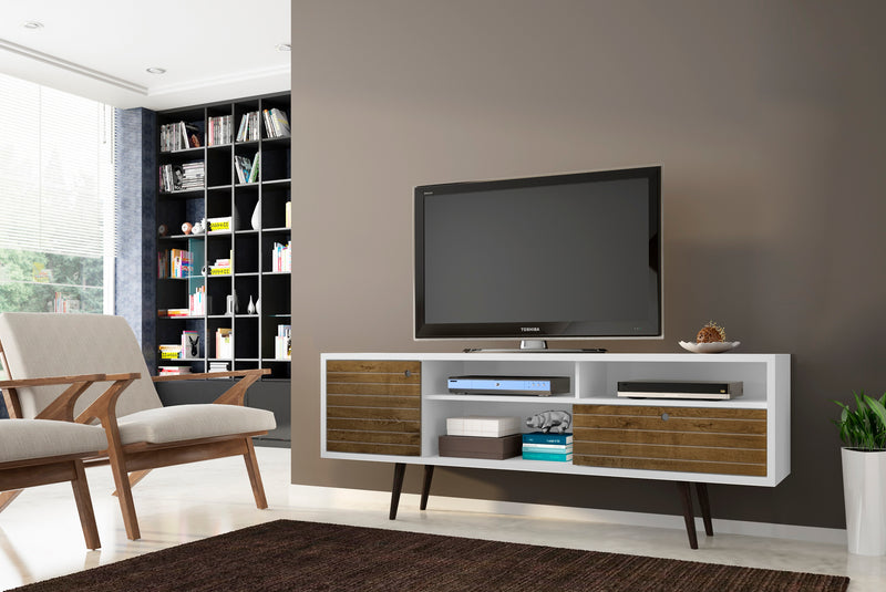 Manhattan Comfort Liberty 70.86\" Mid-Century Modern TV Stand with 4 Shelving Spaces & 1 Drawer - White & Rustic Brown