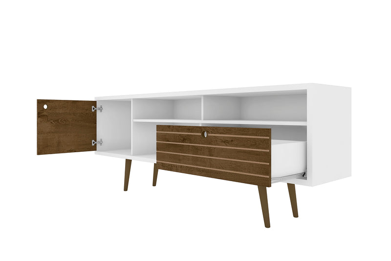 Manhattan Comfort Liberty 70.86\" Mid-Century Modern TV Stand with 4 Shelving Spaces & 1 Drawer - White & Rustic Brown