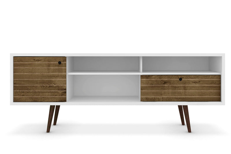 Manhattan Comfort Liberty 70.86\" Mid-Century Modern TV Stand with 4 Shelving Spaces & 1 Drawer - White & Rustic Brown