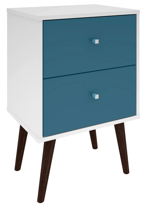 Manhattan Comfort Liberty Mid-Century Modern Nightstand with 2 Full Extension Drawers - White & Aqua Blue