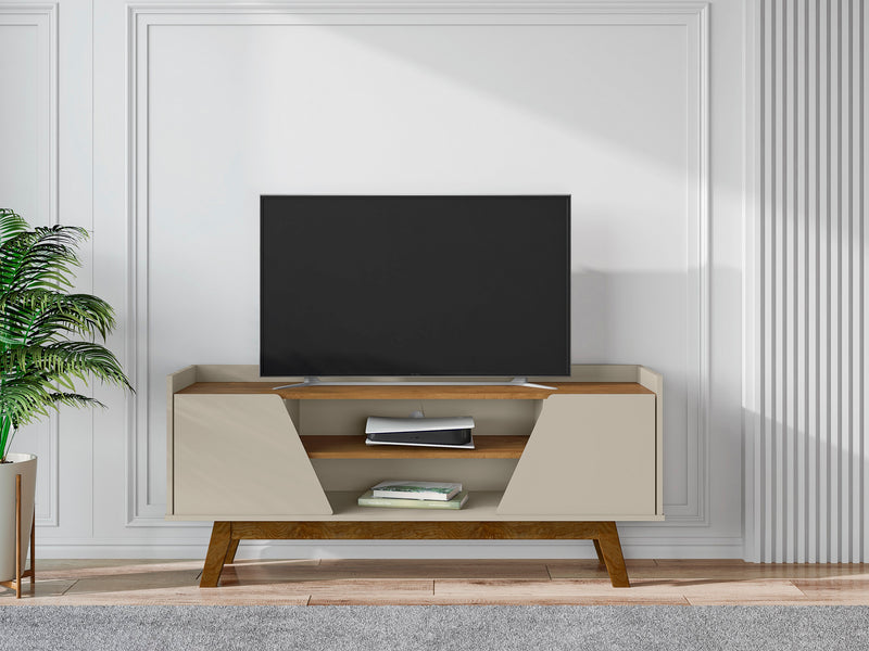 Manhattan Comfort Mid-Century Modern Marcus 53.14\" TV Stand with Solid Wood Legs - Greige & Natural