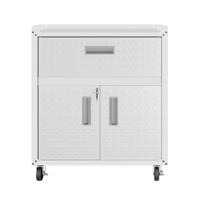 Manhattan Comfort Fortress Textured Metal 31.5\" Garage Mobile Cabinet with Drawer & 2 Adjustable Shelves - White