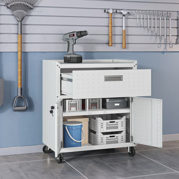 Manhattan Comfort Fortress Textured Metal 31.5\" Garage Mobile Cabinet with Drawer & 2 Adjustable Shelves - White