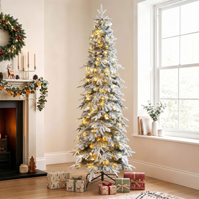 HOMCOM 7ft Prelit Flocked Christmas Tree, Downswept Hinged Xmas Tree