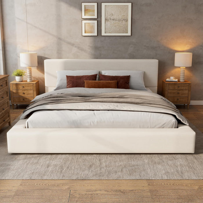 Connor Upholstered Platform Bed with Linen Headboard and Footboard,King Size,Beige King Bed