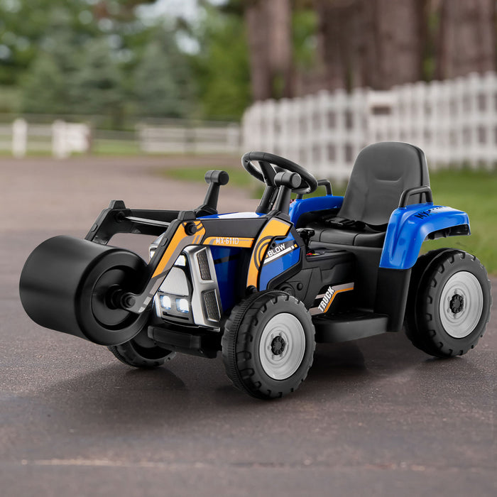 Costway Kids Ride On Road Roller 12v Electric Tractor Remote W/ Music & Led Light Blue