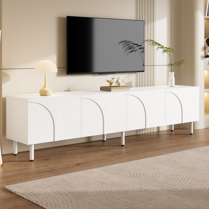 Serene 70.8 Inch Modern TV Cabinet with Curved Line Doors and Metal Legs, White