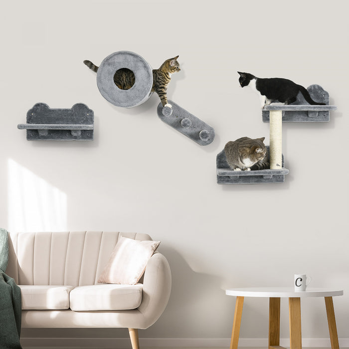 Pawhut 4 Pcs Cat Wall Shelves, Pet Wall-mounted Climbing Shelf Set, Kitten Activity Centre With Condo, Cushion, Scratching Post, Jumping Platform, Grey