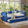 Sophia Tufted Design Upholstered Daybed with Trundle and Comfortable Backrest,Blue  | Le Daybed Sophia avec design capitonne, revetement en tissu, lit d'appoint avec trundle et dossier confortable, couleur bleue