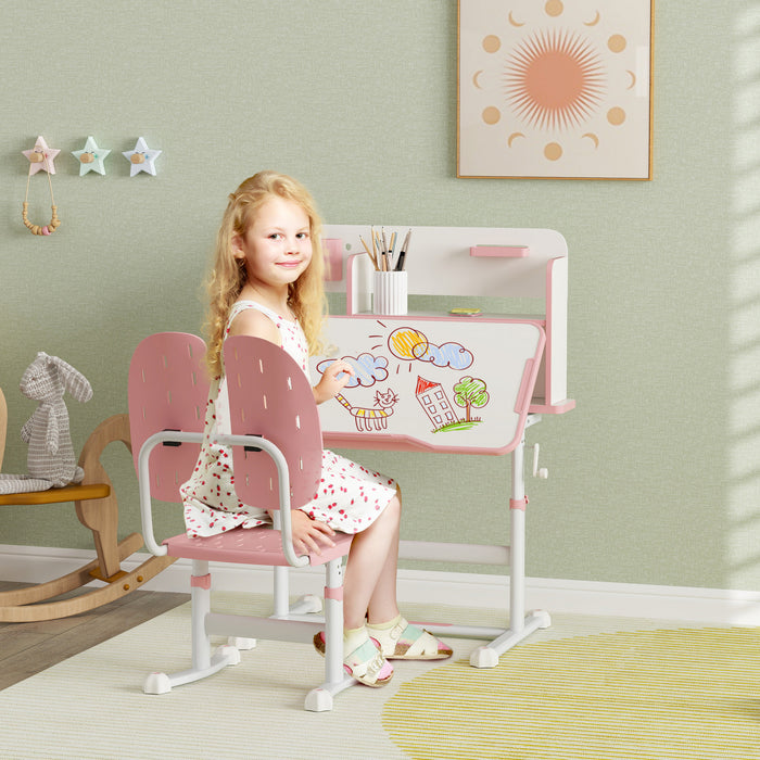 Qaba Kids Desk And Chair Set, Adjustable Height Kids Study Table And Chair With Tilt Desktop, Drawer, Reading Rack, Pen Holder, Square Slot, For Ages 3-12 Years, Pink