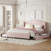 Jean Upholstered Platform Bed with Wingback Headboard and Storage Drawers,Queen Size,Pink Queen Bed | Lit plateforme Jean rembourre avec tete de lit a oreilles et tiroirs de rangement, taille queen, rose