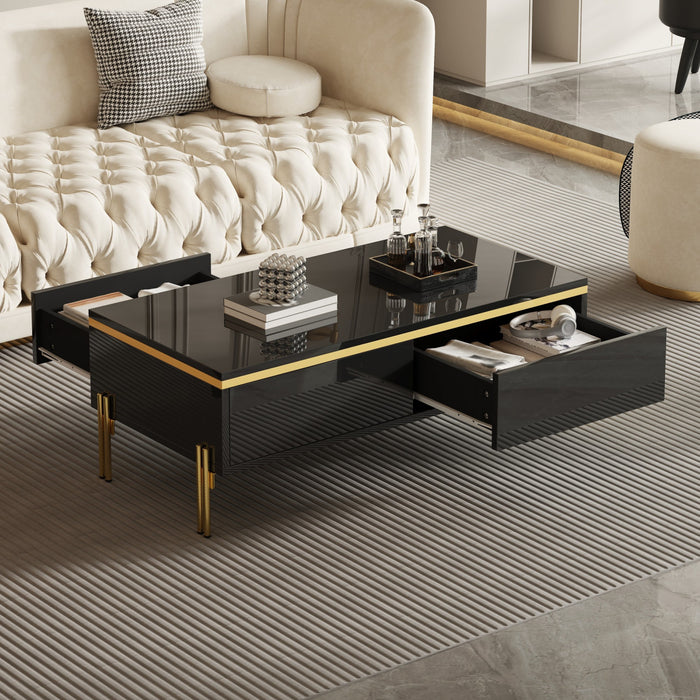 Lustra 39.4 Inch Modern High-Gloss Coffee Table with Dual Drawers and Gold Accents, Black