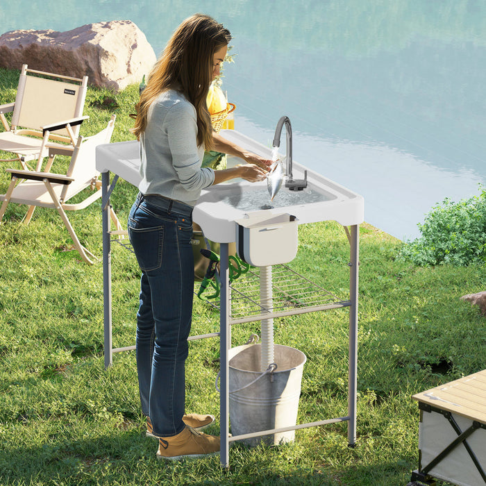 Outsunny Folding Fish Cleaning Table Camping Table With Sinks Faucet, White