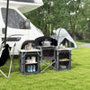 Outsunny Folding Camping Kitchen Table with Storage, Aluminum Portable Camping Table with 3 Fabric Cupboards, Windshield, Light Stand, Carrying Bag for BBQ, RV, Picnic, Black