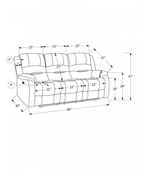 MONARCH SPECIALTIES 3-SEATER POWER RECLINING UPHOLSTERED SOFA, 80\" WIDE,USB PORT INCLUDED, BEIGE FABRIC RECLINER