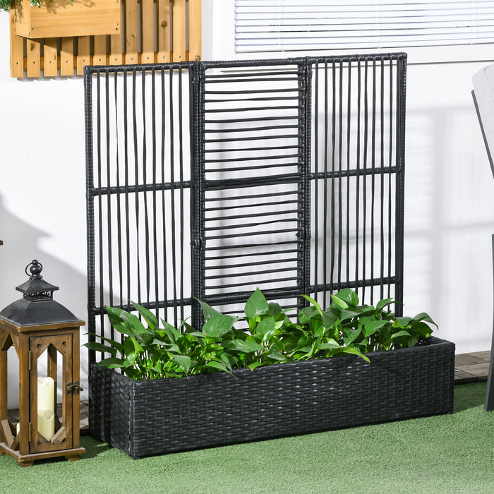Outsunny Rattan Outdoor Planter With Trellis, Raised Garden Bed, Black