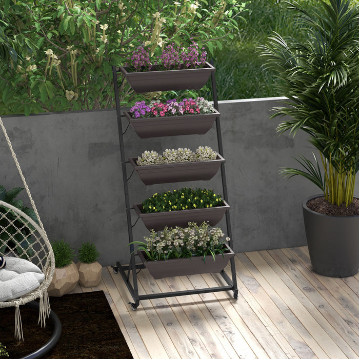 Outsunny 5-tier Vertical Raised Garden Bed With 5 Planter Boxes, Wheels, Outdoor Plant Stand Grow Container With Leaking Holes For Balcony Patio Outdoor, Brown