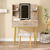 Isabella 4-Drawer Vanity Table Set with LED Mirror and Metal Legs,Yellow Brown Mirror Cabinet  | Isabella Ensemble de coiffeuse 4 tiroirs avec miroir LED et pieds en metal, Brun Jaune